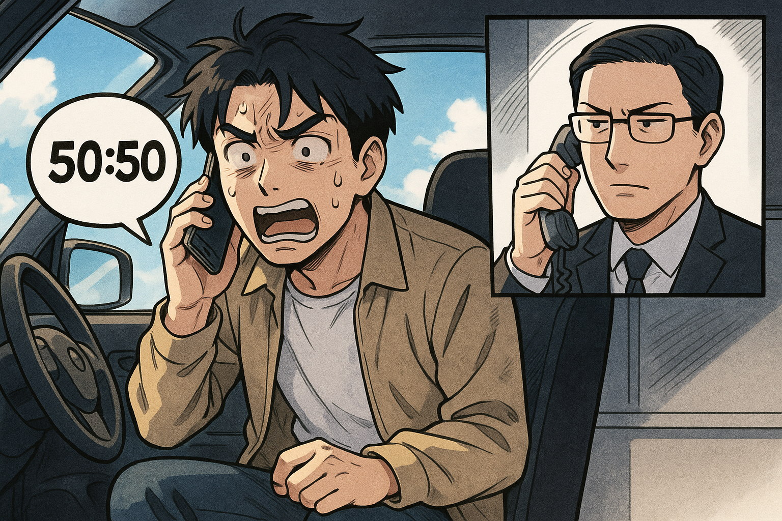 絶望する主人公と保険会社担当者