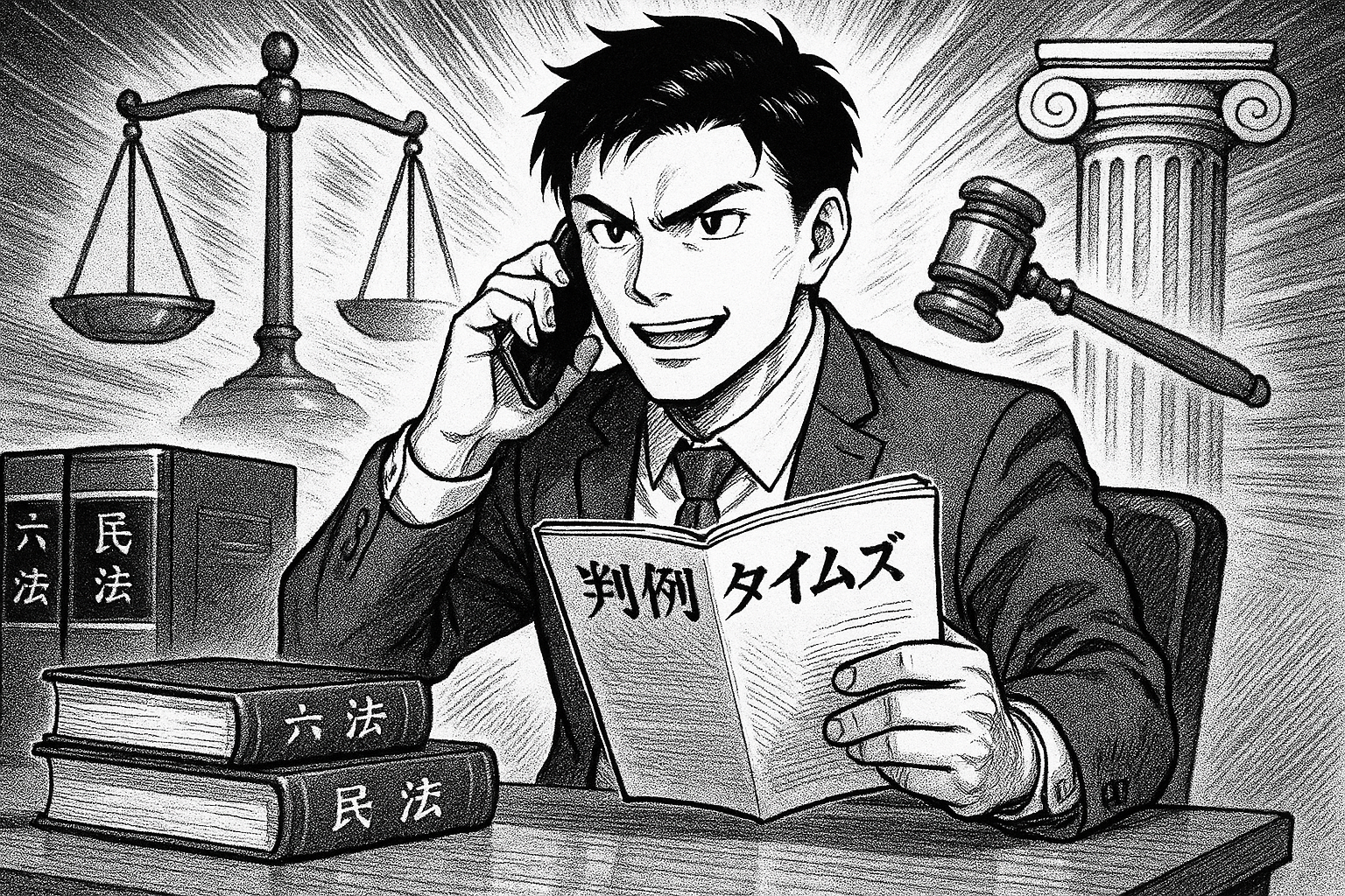 判例タイムズを手に電話する主人公
